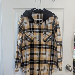 Black And Yellow Plaid Hooded Flannel - XL